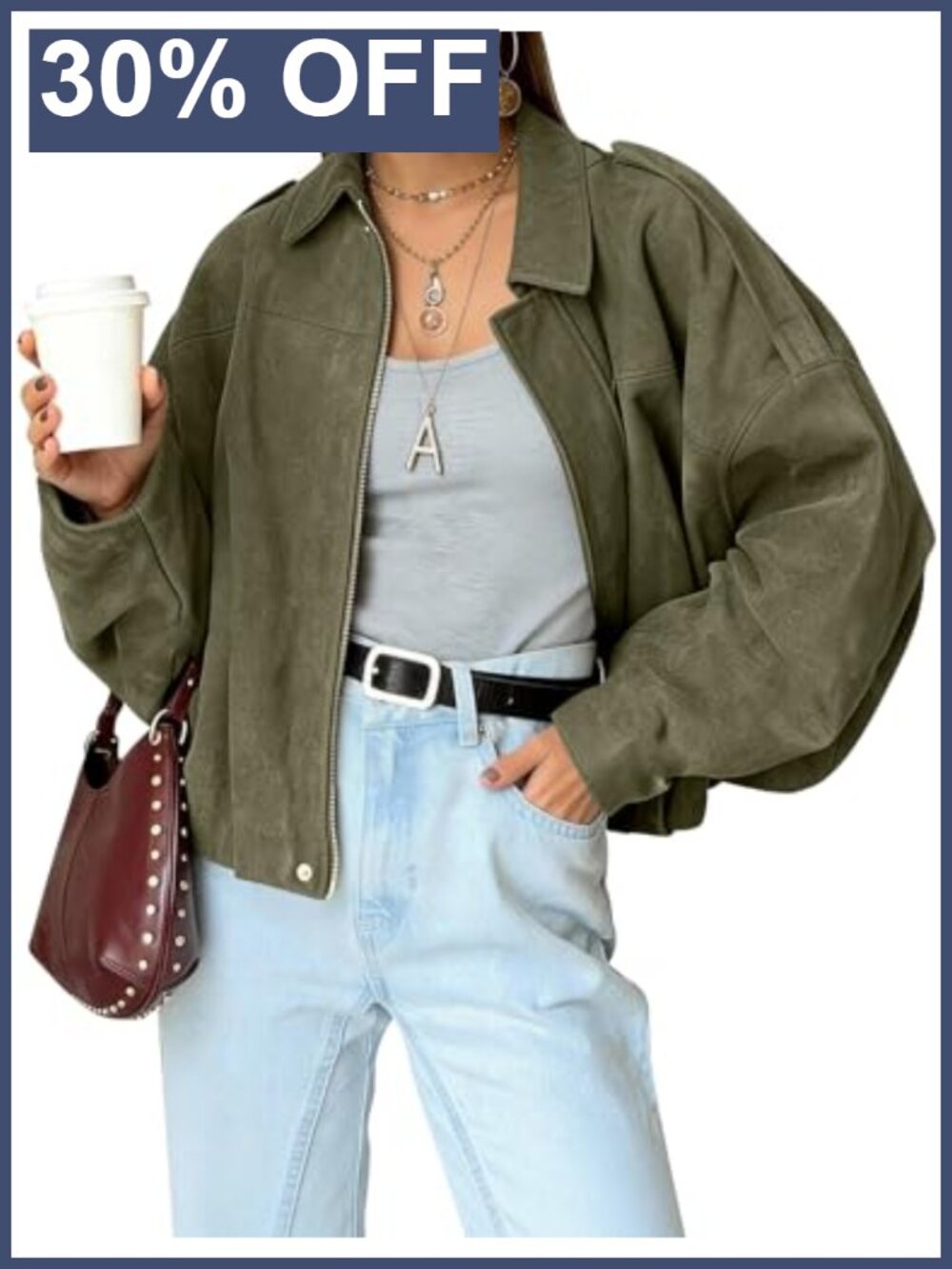 Faux Suede Bomber Jacket Womens Oversized Cropped Batwing Sleeve Zip Coat